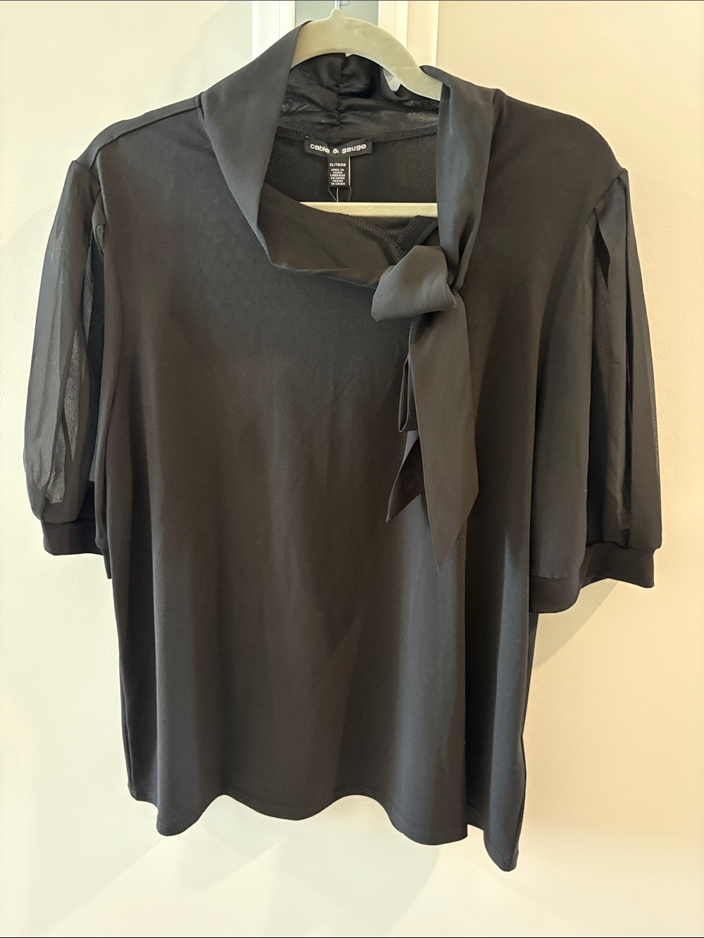 Cable & Gauge Black Tie-Neck Blouse with Sheer Short Sleeves